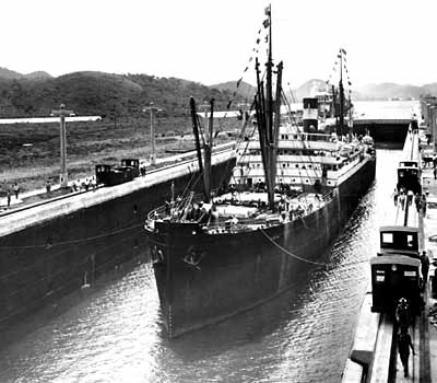 The official inaugural voyage on the Canal, made by the  'Ancon' in 1914